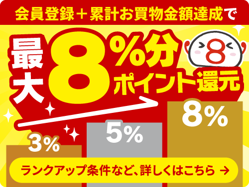 会員登録と累計お買い物金額達成で、最大8パーセント分ポイント還元！ランクアップ条件などの詳細はこちら